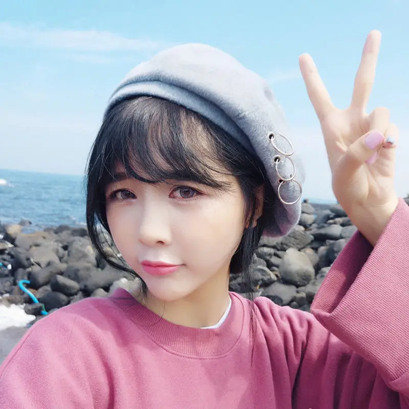 Hirigin корейский стиль шляпа Женская шерстяная теплая берет кольца панк зимняя теплая шапка для 6 цветов - Цвет: Серый