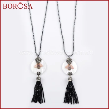 

BOROSA Rhinestone White Shell CZ Micro Pave Crystal Bee Insect Charm Tassel Pendant Necklace Statement Jewelry for Women JAB857