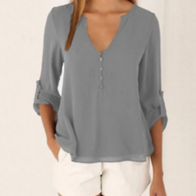 

Zebery Sexy V-neck Long-sleeved Chiffon Blouse Perspective Chiffon Top Button Decoration Front Short Back Long Casual Clothing