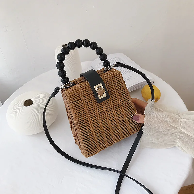 

Female Straw Bag Crossbody Tote Bag Women 2019 Summer Wicker Designer Handbags Ladies Rattan Bead Shoulder Messenger Bag Sac A
