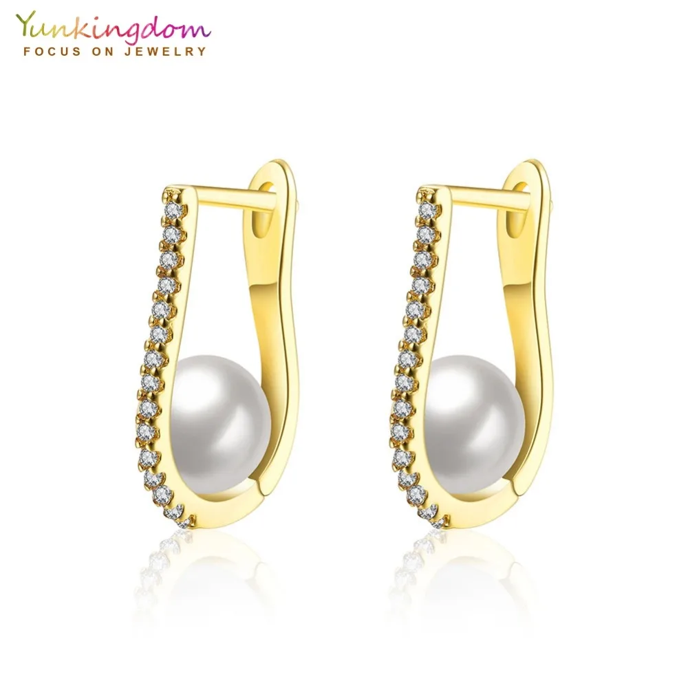 

Yunkingdom Round Ball Simulated Pearl Gold Color Circle Hoop Earrings for Womens and Girls White Cubic Zirconia Fashion Jewelry
