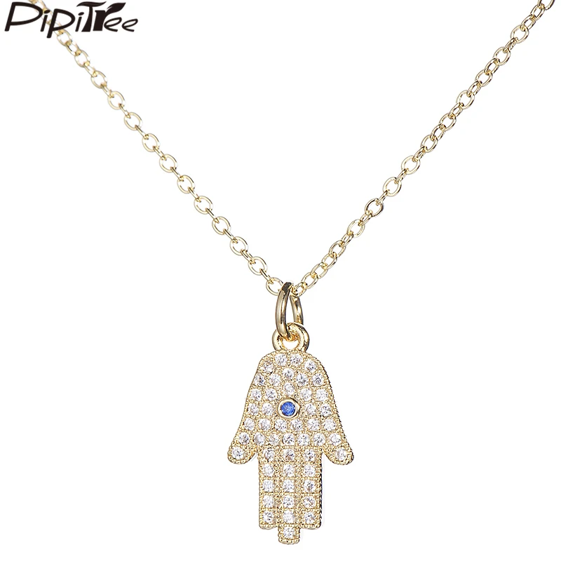 

Pipitree Fashion Hamsa Hand Pendant Women Necklace Jewelry Copper Cubic Zirconia Vacuum Gold Color Necklaces Choker Collares
