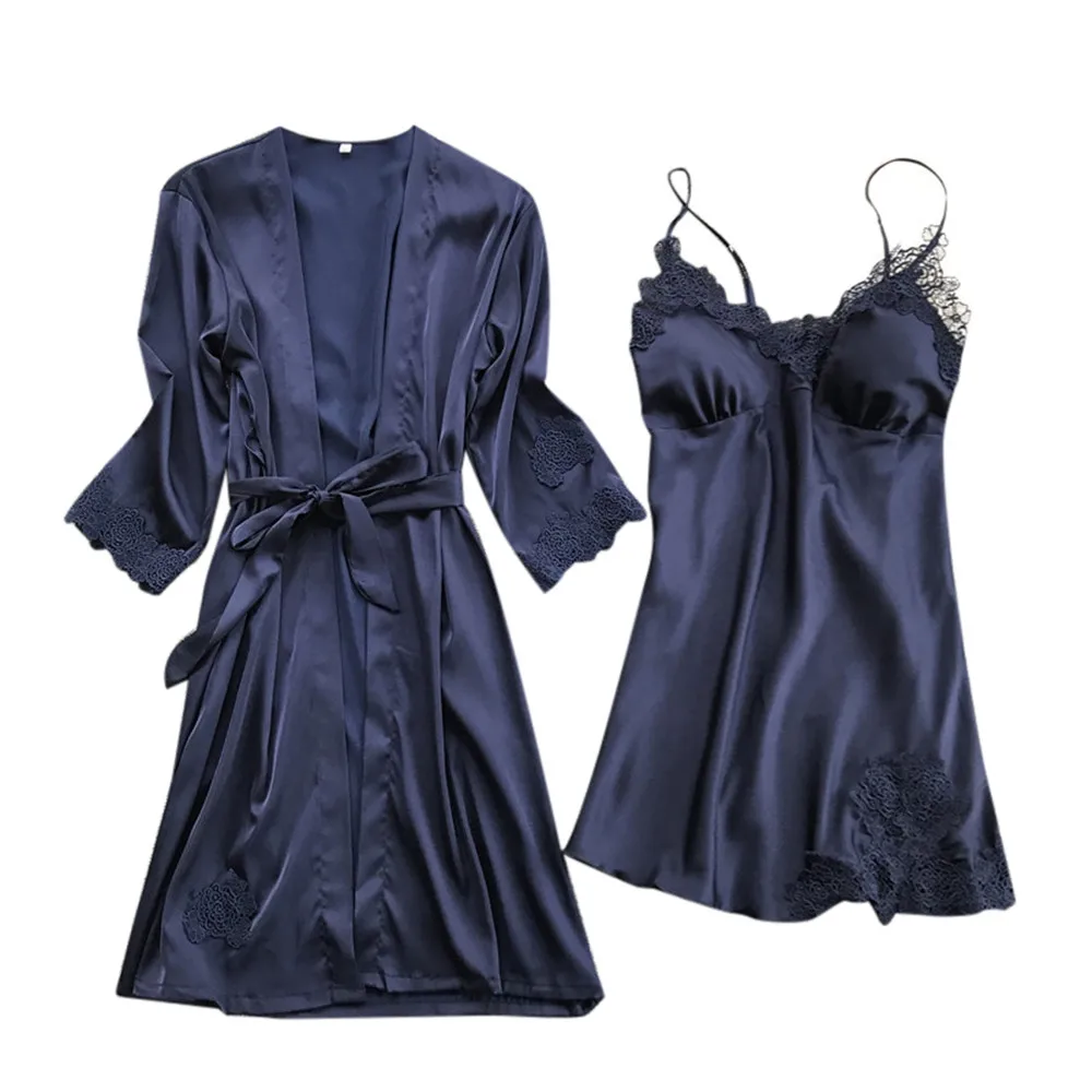 Женский сексуальный ремень Регулируемая ночная рубашка женское белье шелковое кружевное платье ночная рубашка комплект кимоно с v-образным вырезом