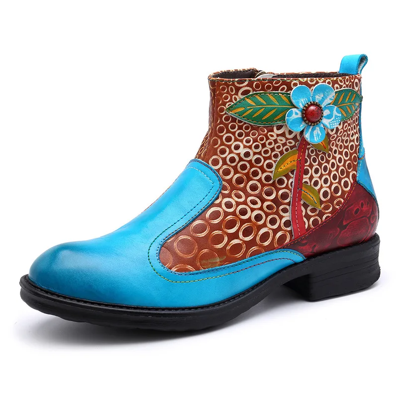 

Bohemian Retro Genuine Leather Ankle Boots Women Shoes Handmade Flower Zipper Flat Heel Women Boots Spring Fall Botas New