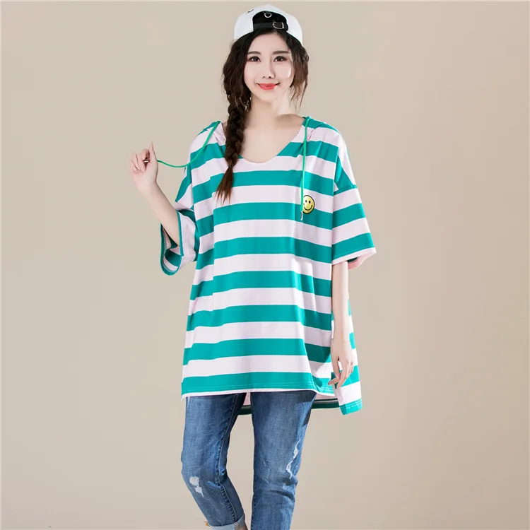2018 Summer Loose Striped Hooded Oversize T-shirt Women Korean Casual Smile Stitching Short Sleeve Tops Plus Size T Shirt Green