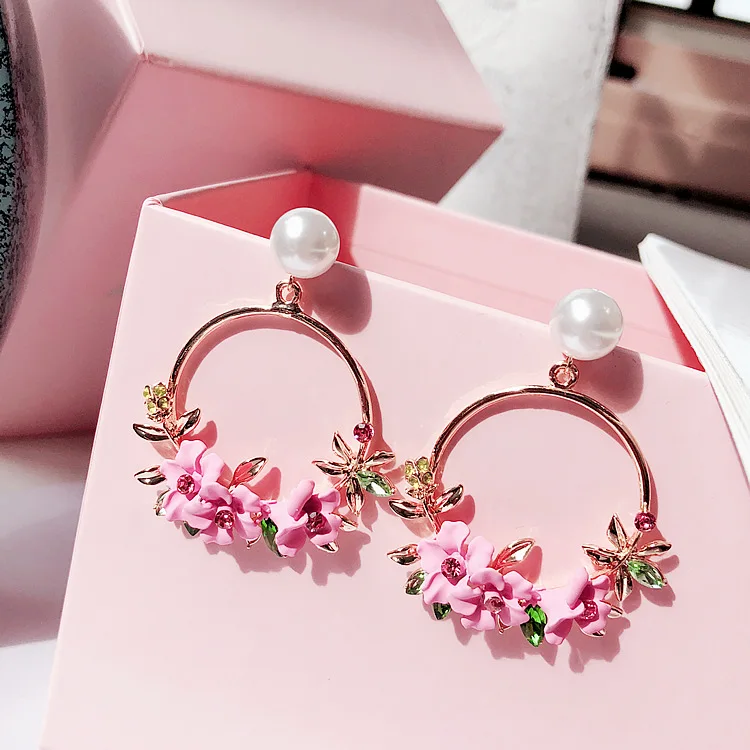 

New Fashion Rhinestone Colorful flowers Large metal circle Pearl Earrings Temperament Wild Simple Pendientes For Women Jewelry