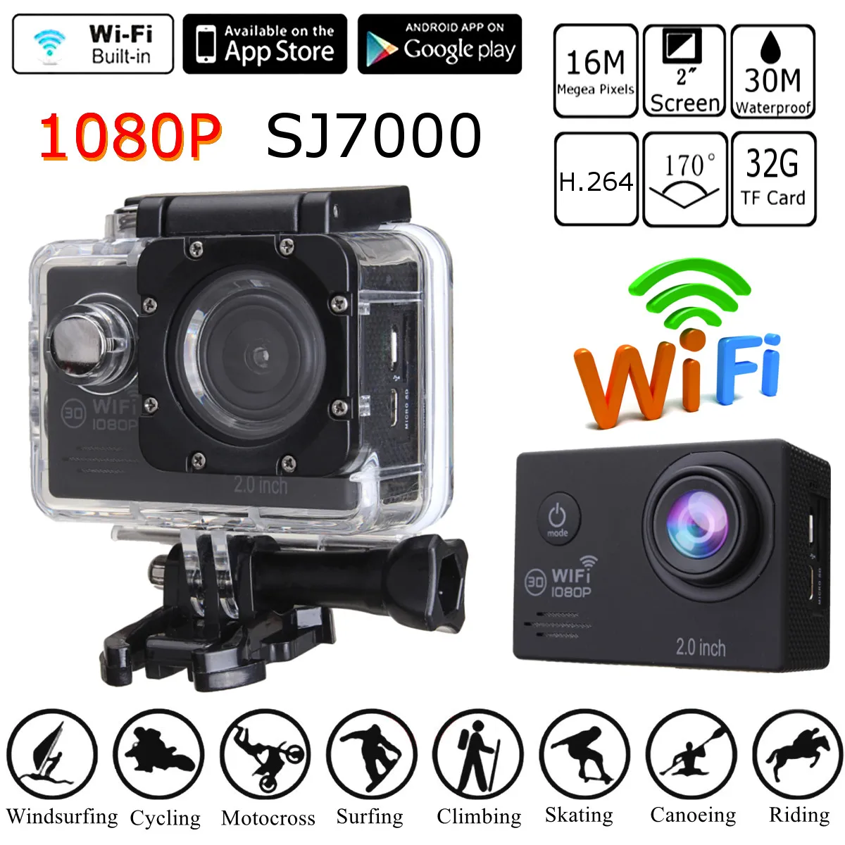 

SJ7000K/SJ7000 2Inch Action Sports CameraWifi 16MP 4K LCD 30Meter Waterproof Ultra HD 1080P Diving DV 32GB 170 Degree Wide Angle