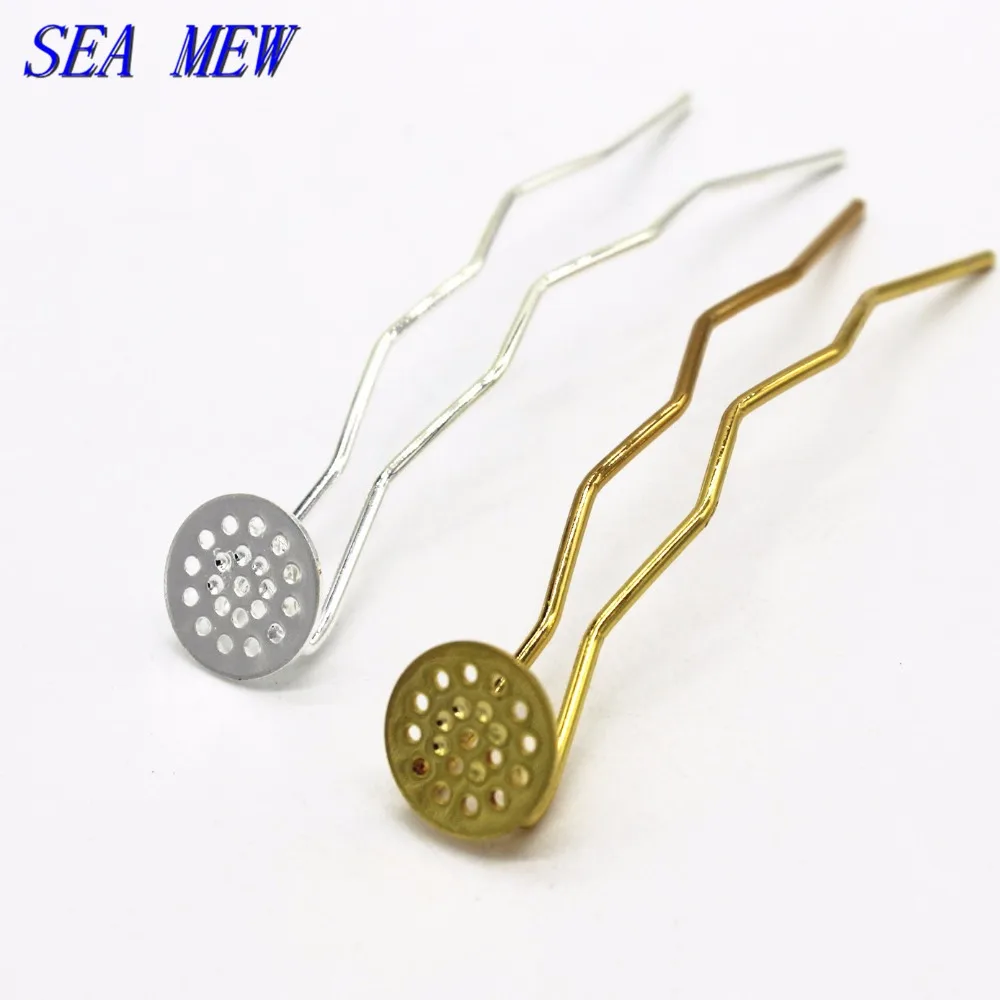 

SEA MEW 10 PCS U Shape Copper Hair Sticks Setting 12MM Flat Base Silver Gold Hairpin Blank Setting For Women Jewelry Making