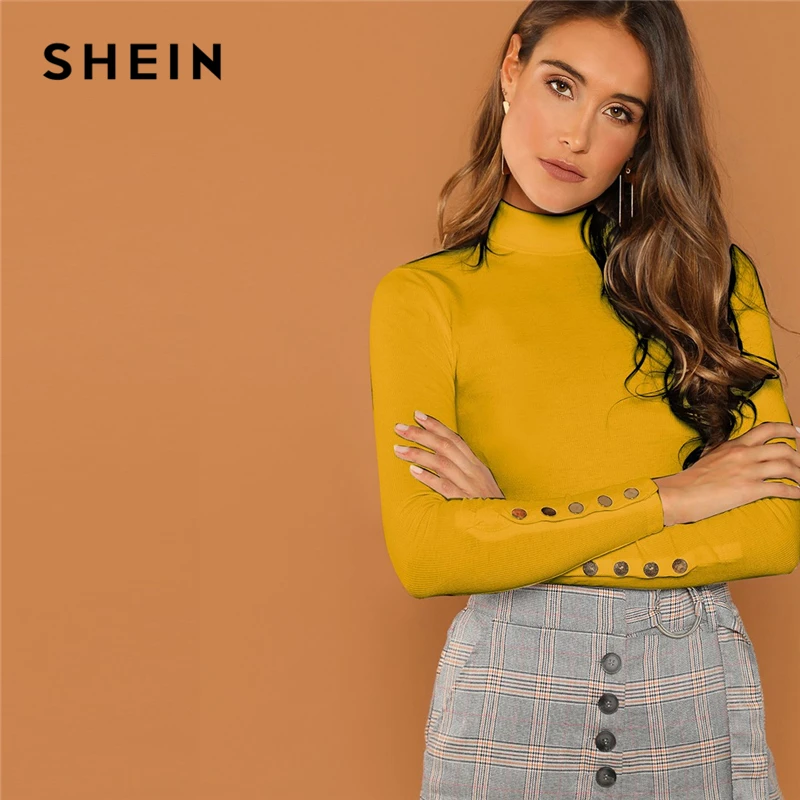 SHEIN Облегающий Топ С Пуговицами Яркая Однотонная Водолазка Отделкой Офисный
