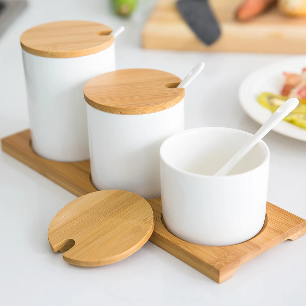 

MDZF SWEETHOME Japanese Style Ceramic Flavouring Pot Seasoning Box Set Creative Salt Pot Household Kitchen Utensils