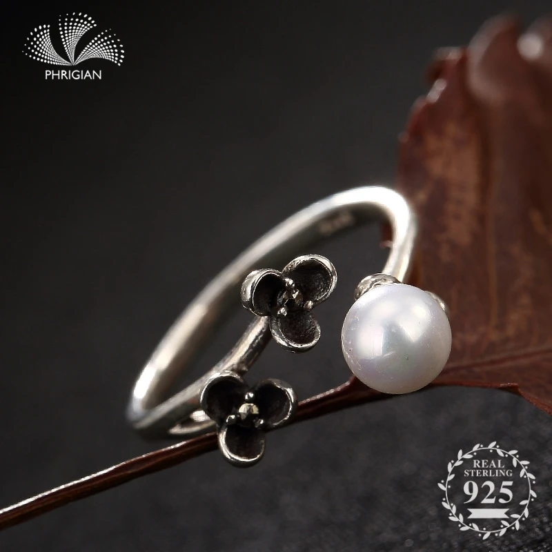 

NOT FAKE S925 Fine Jewelry Ring 100% Sterling Silver Women Handmade Vintage Natural Retro Exquisite freshwater pearl flower 925