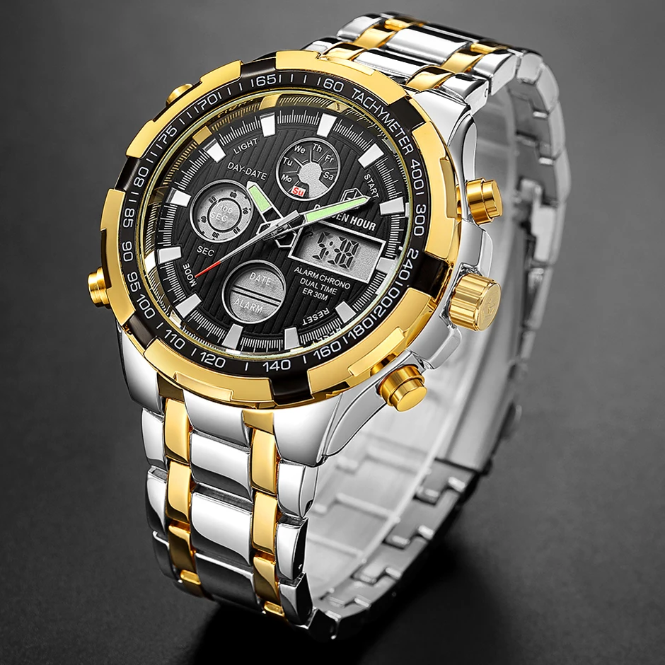 Мужские кварцевые часы Reloj Hombre GOLDENHOUR цифровые спортивные наручные в стиле