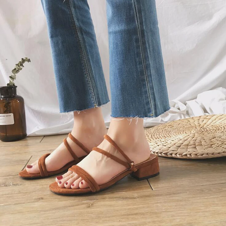 

Brief Korean brand heels slides ladies summer leisure open toe slippers women leather cozy mules shoes woman pantufla flip flops