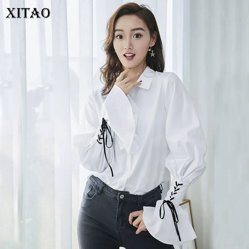 [XITAO] الصيف 2019 كوريا النساء جديد الأزياء وجيزة كامل كم بلوزة خليط القوس بلون مضيئة كم قميص XJ1173