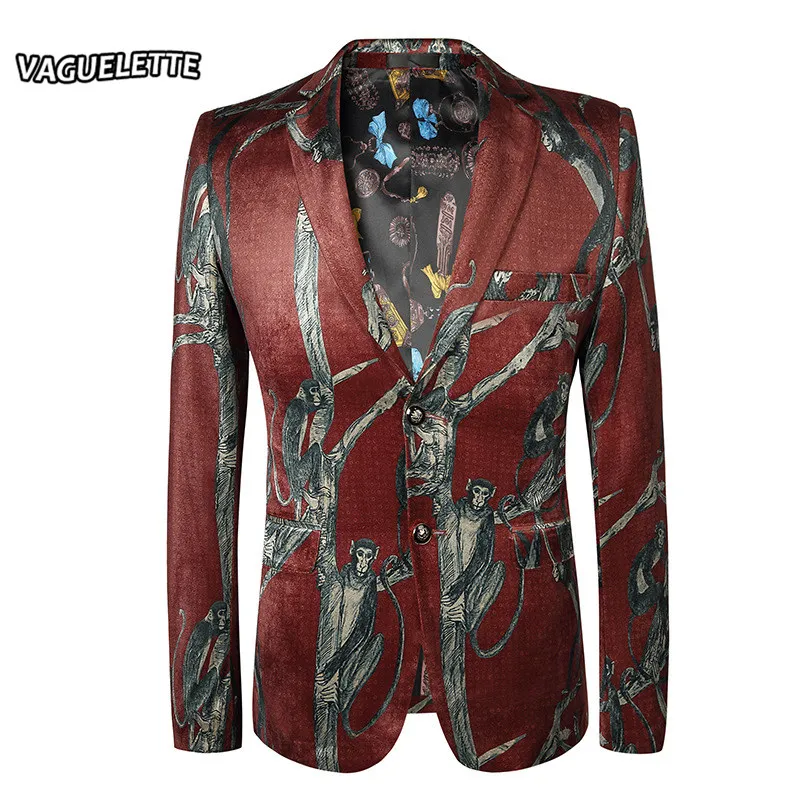 Elegant Dark Red Mens Blazers Slim Fit 3D Printed Pattern Mens Stage