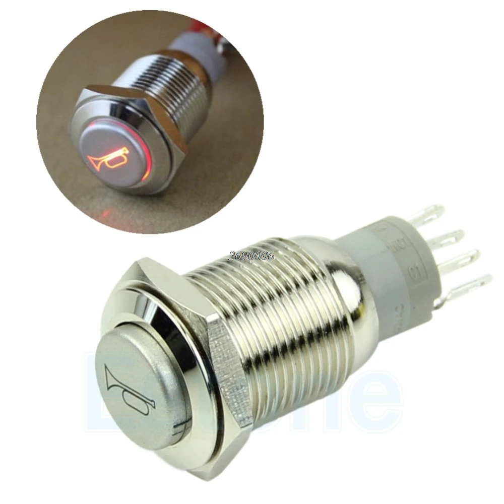 New 12V LED Momentary Horn Button Metal Switch 16mm Push Button Lighted