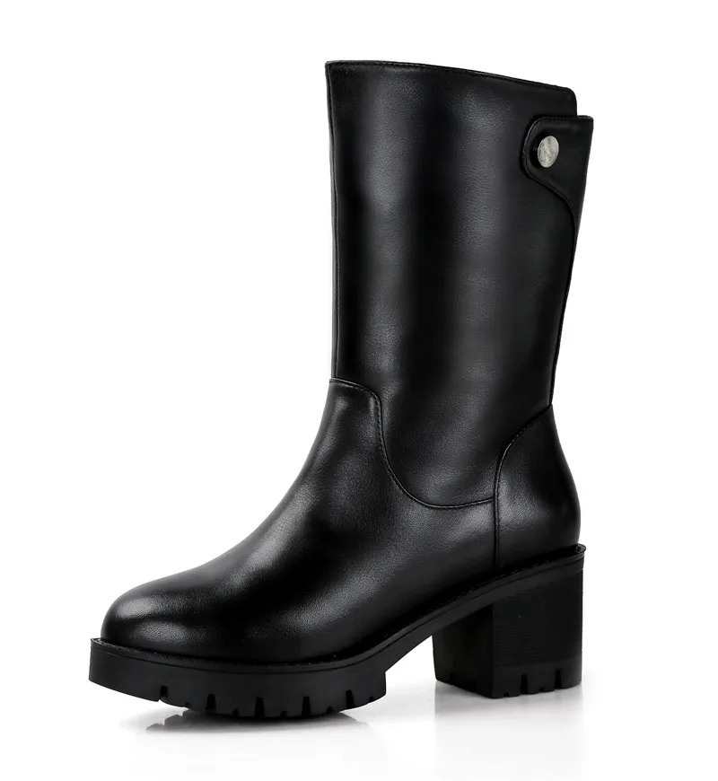 ASUMER/большие размеры; модные теплые зимние ботинки; ботинки из натуральной кожи с круглым носком на молнии с шерстяной подкладкой; ботинки до середины икры на квадратном каблуке - Цвет: Черный