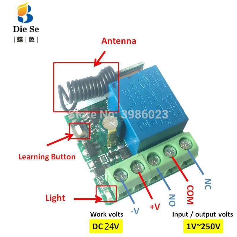 433Mhz Universal RF Remote Control DC 24V 1CH Relay Receiver Module for garage/door/Light/LED/Fanner/motor/Signal transmission 433Mhz Universal RF Remote Control DC 24V 1CH Relay Receiver Module for garage/door/Light/LED/Fanner/motor/Signal transmission