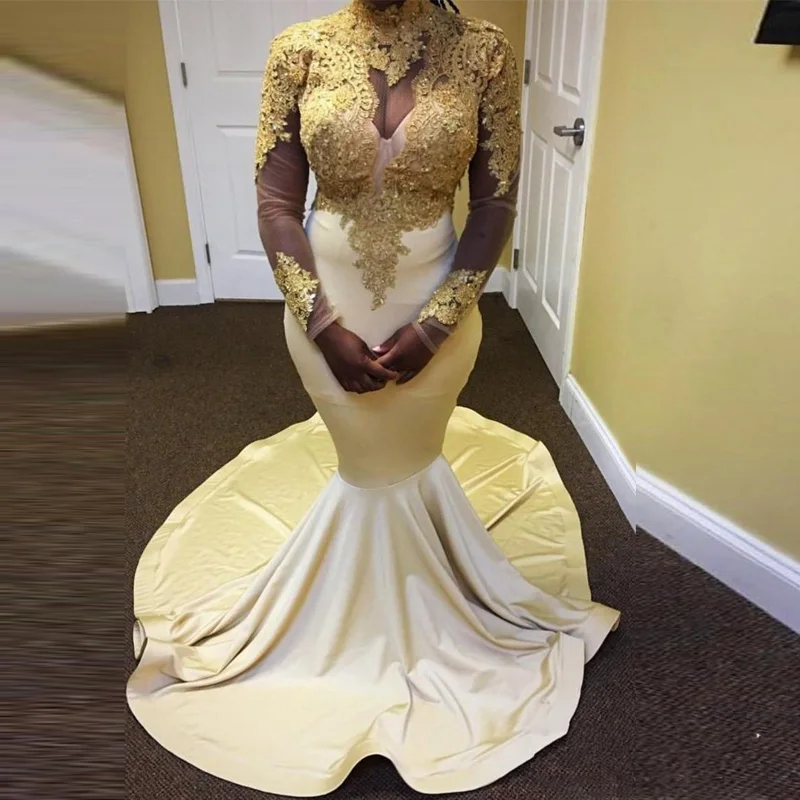 

Unique Gold And White Mermaid Prom Gowns Long 2018 High Neck Long Sleeve Gold Applique African Party Dresses Evening Gowns
