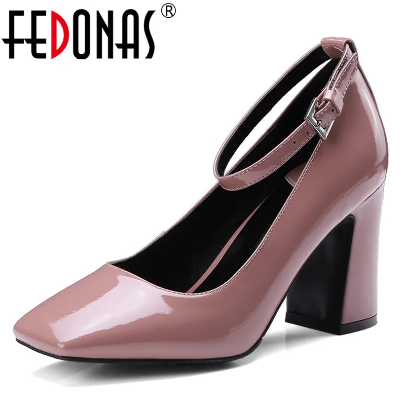 

FEDONAS Brand Sexy Women Square Toe High Heels Ankle Strap Pumps Patent Leather Party Prom Shoes Woman Buckles New Office Pumps