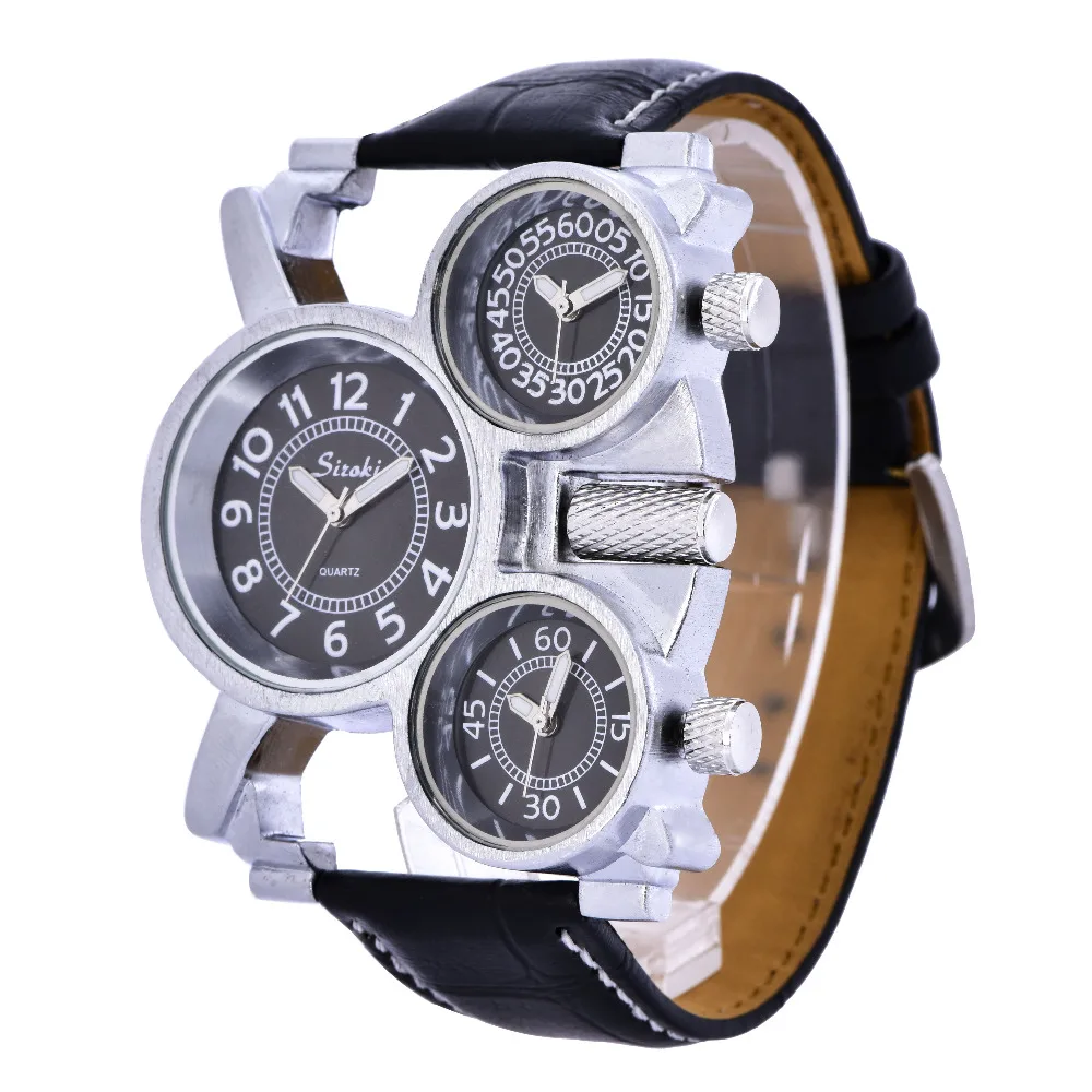 

Wholesale Men's High Quality Synthetic Leather Wristwatch Men Three Movement Watches Blak Men Sport Three Time Zones Watch