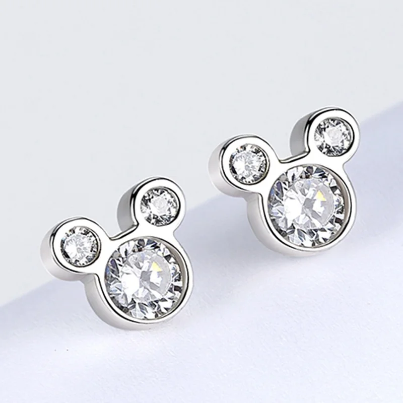 

Genuine 925 sterling silver earring studs cute mouse head zircon stone earring studs for women fine jewelry earrings stud