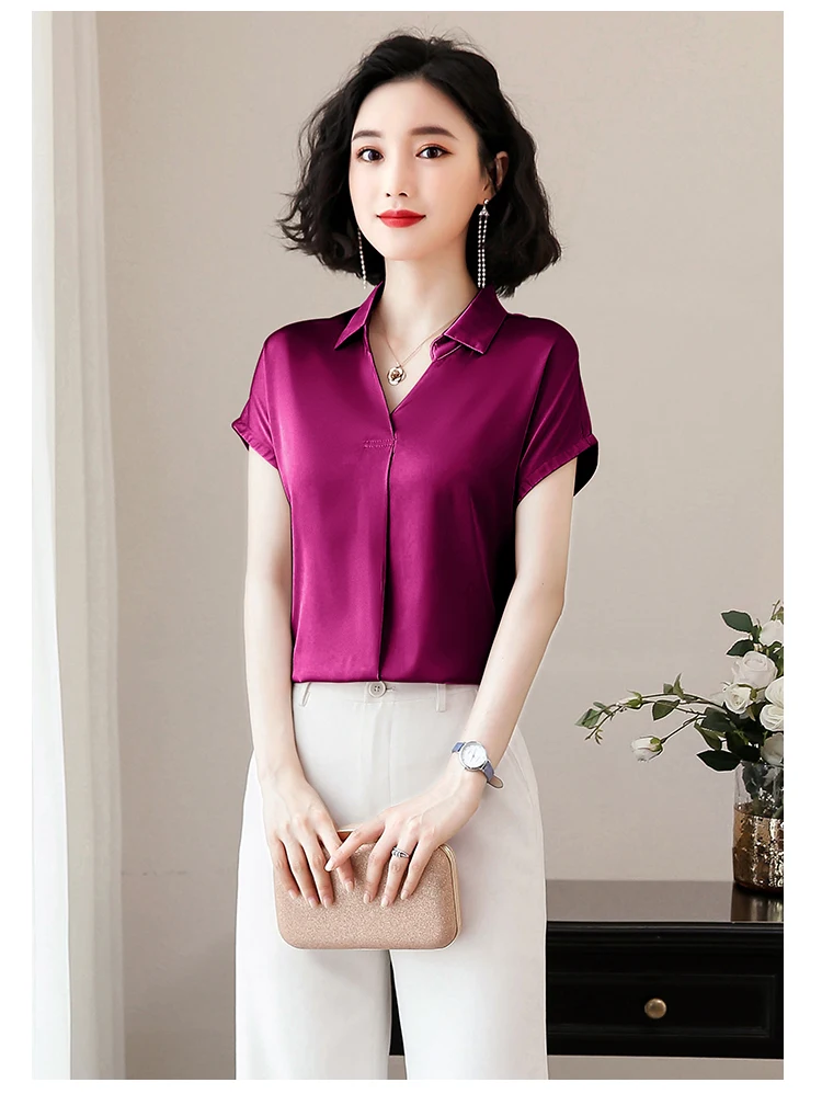 Корейские модные шелковые женские блузки, атласные однотонные розовые женские рубашки с коротким рукавом размера плюс XXXL, Женские топы и блузки