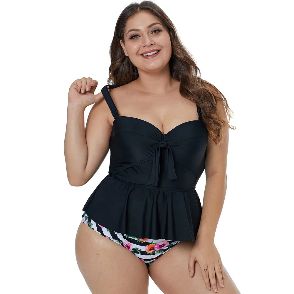 

Plus Size Swimwear Black Printed Tankini Summer Swimming Suit For Women Spaghetti Straps Two Piece Swimsuit Maillot De Bain 2019