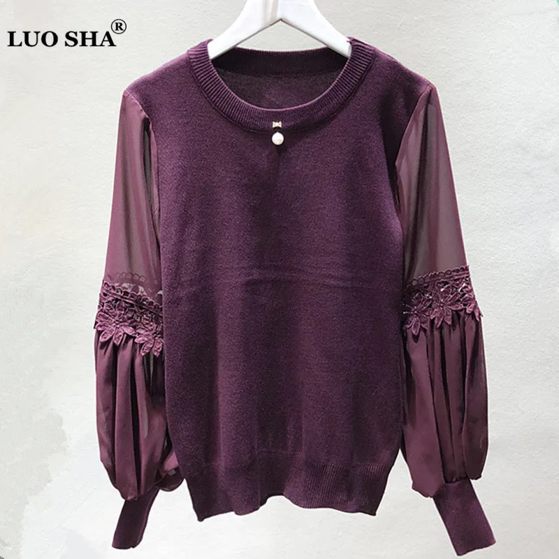 

LUOSHA Women Autumn Winter Embroidery Knitted Lantern Sleeve Embroidery 3D Flower Pullover And Sweaters Female Jumper Pull Femme