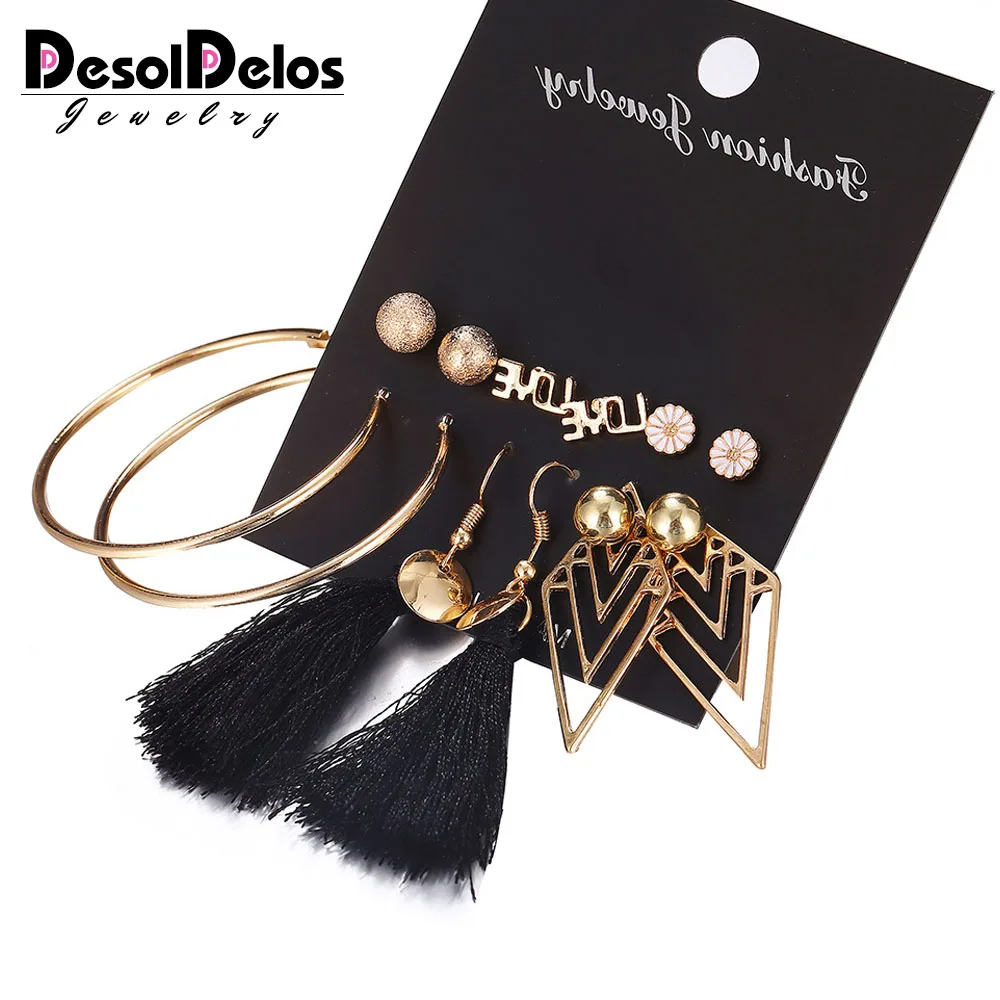 

2019 New 6 Pairs/Sets Fashion Gold Color Leaves Long Tassel Love Letter Stud Earrings Set For Women New Brincos Jewelry