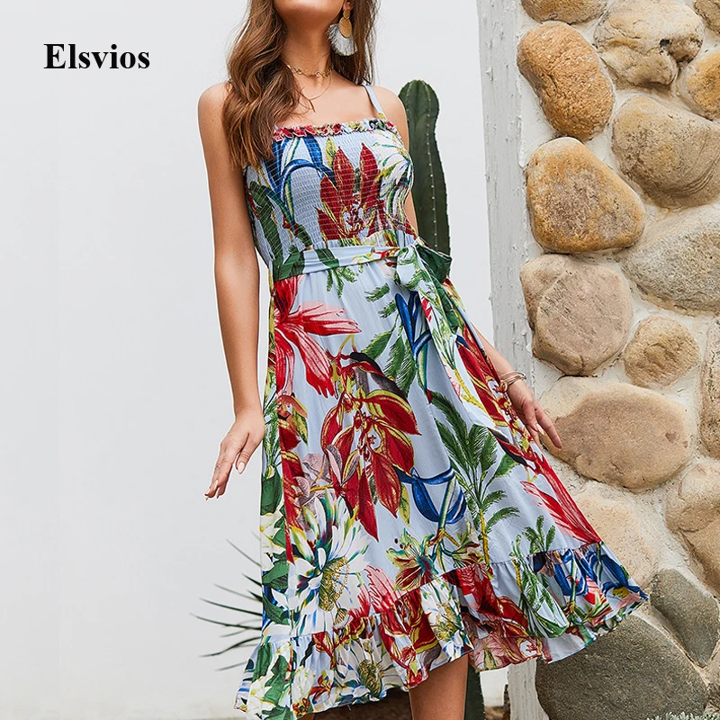 

Elsvios Sexy Spaghetti Strap Print Boho Dress Women Summer Ruffles Beach Dress Casual Female Sleeveless Midi Dresses Vestido
