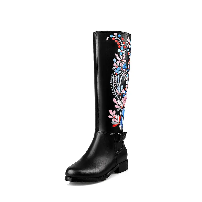 XiuNingYan/женские сапоги из натуральной кожи на низком каблуке; полусапожки на молнии с вышивкой; теплые зимние повседневные сапоги на меху; женская обувь