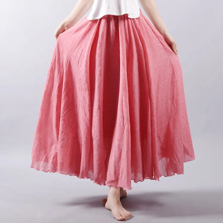 

2018 Women Linen Cotton Long Skirts Elastic Waist Pleated Maxi Skirts Casual Beach Boho Vintage Summer Skirts Faldas Saia