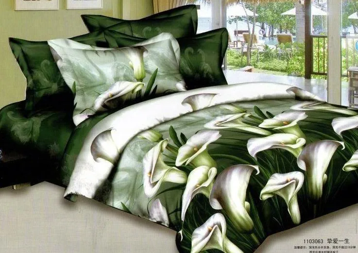 New Beautiful 4PC 100% Cotton Comforter Duvet Doona Cover Sets FULL / QUEEN KING SIZE bedding set 4pcs green calla flower OP0 | Дом и сад