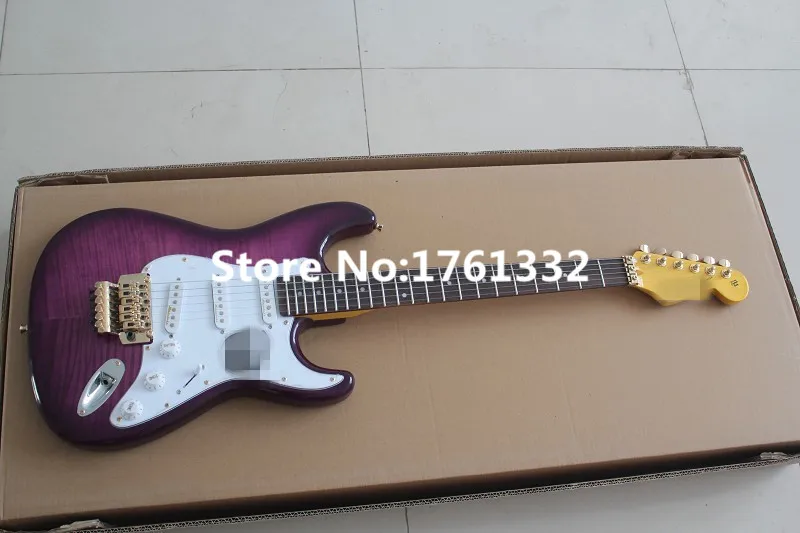 

Factory custom 22 frets purple flame maple tremolo electric guitar with 3 single pickups,white pickguard,can be changed