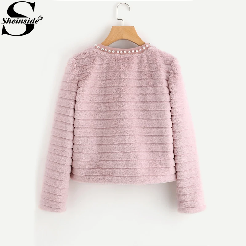 Preise Sheinside Rosa Perle Perlen Strukturierte Faux Pelzmantel Winter Kragen Nette Oberbekleidung Mit Futter 2018 Frauen Elegante Mäntel