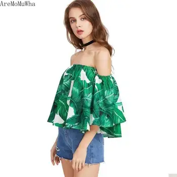 

AreMoMuWha Plant Printing Word Collar Off-shoulder Trumpet Sleeves European and American Style Vacation Loose Large Size Shirt