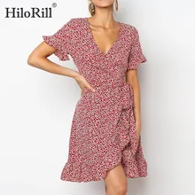 Богемное летнее платье с цветочным принтом, женское повседневное элегантное пляжное платье с коротким рукавом и оборками, Сексуальные вечерние мини-платья с глубоким v-образным вырезом