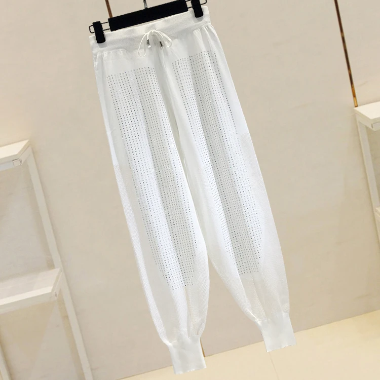 

Hot Drilling Ankle-length Pants for Women Loose Hollow Out Knitted Trousers All-match Elastic Waist Casual Sweatpants Students