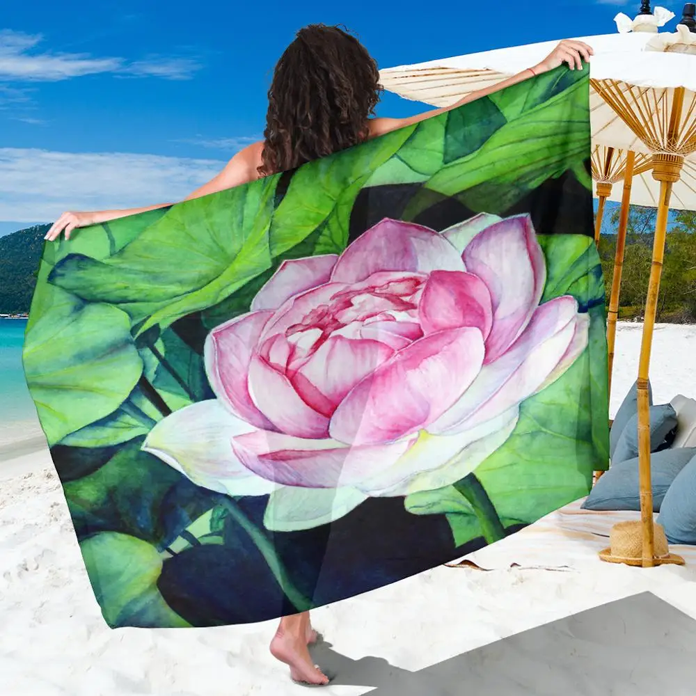 

Lotus Leaf and Flower Art Print Large Beach Towel for Adults Beach Bikini Swimwear Cover-ups Sarong Chiffon Fabric for Dresses