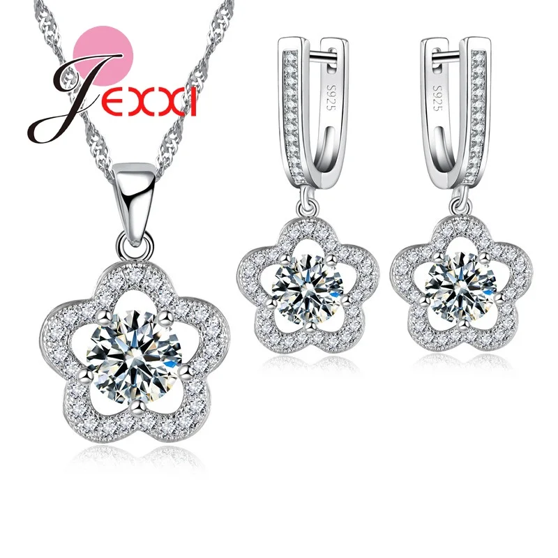 Fashion Luxury S925 Hollow Flower Jewelry Sets Extravagant Party Jewlery Set For Lady Big Crystal Necklace Earring | Украшения и