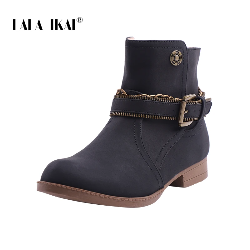 

LALA IKAI Women Ankle Boots PU Leather Buckle Strap Metal Decoration Zipper Med Heel Boots Women Winter Booties 014A2977 -49