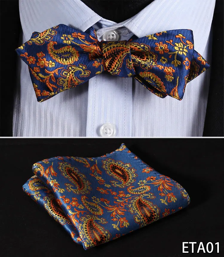 Шелковый тканый мужской свадебный галстук-бабочка с узором в виде Пейсли, с квадратным бриллиантовым кончиком, галстук-бабочка, носовой платок, набор ETA - Цвет: ETA01 Blue Orange