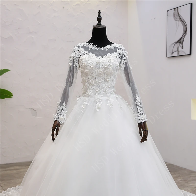 H400 ТРАПЕЦИЕВИДНОЕ милое белое Тюлевое платье цвета слоновой кости с длинным рукавом, мусульманское свадебное платье с цветком, свадебное платье, для свадьбы, клиент 70
