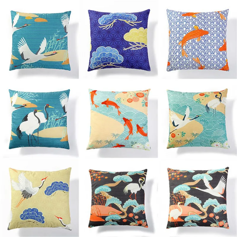 

CUSCOV new Chinese wind red-crowned crane linen home pillowcase living room sofa pillow office car seat cushion cover bedding