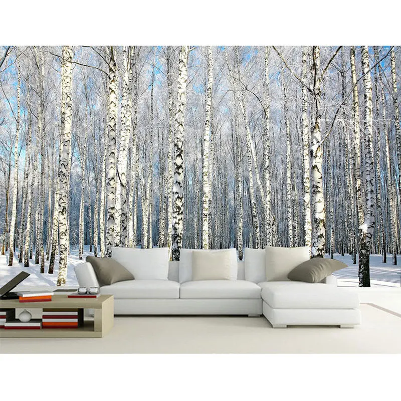 

Snow Birch Tree Forest Nature Photo Wall Paper Mural Living Room TV Background Wall Papers 3D Self Adhesive Vinyl/Silk Wallpaper