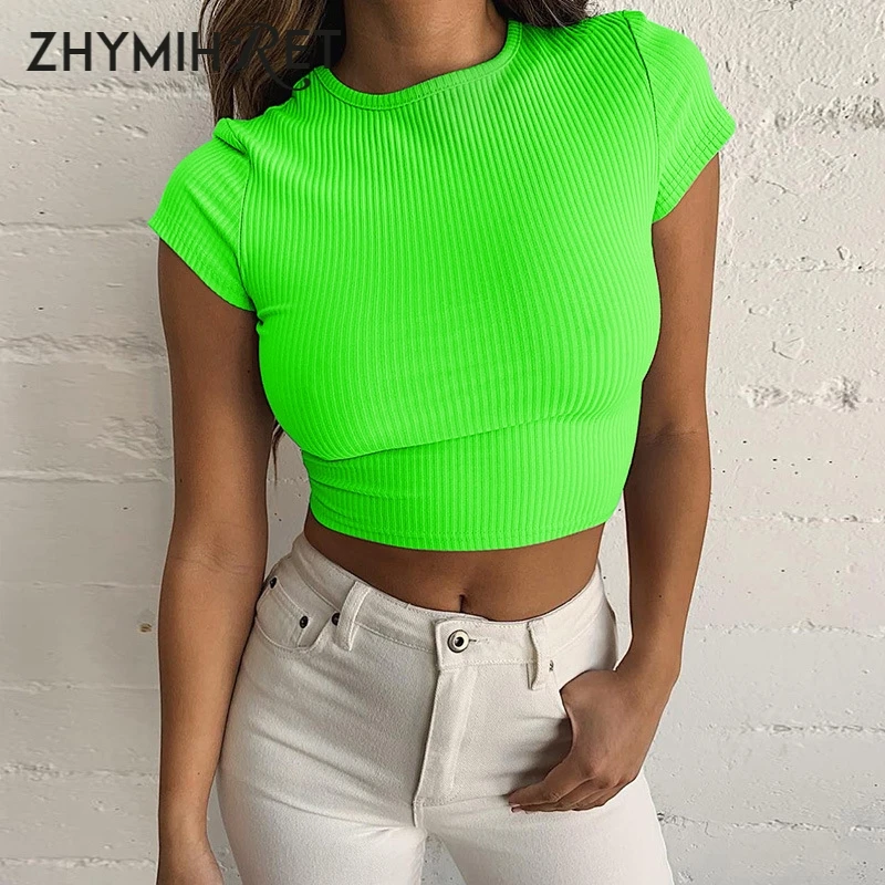 

ZHYMIHRET Neon Green Female T-shirt O Neck Short Sleeve Crop Tops Ribbed T Shirt Women Streetwear Camisetas Verano Mujer 2019