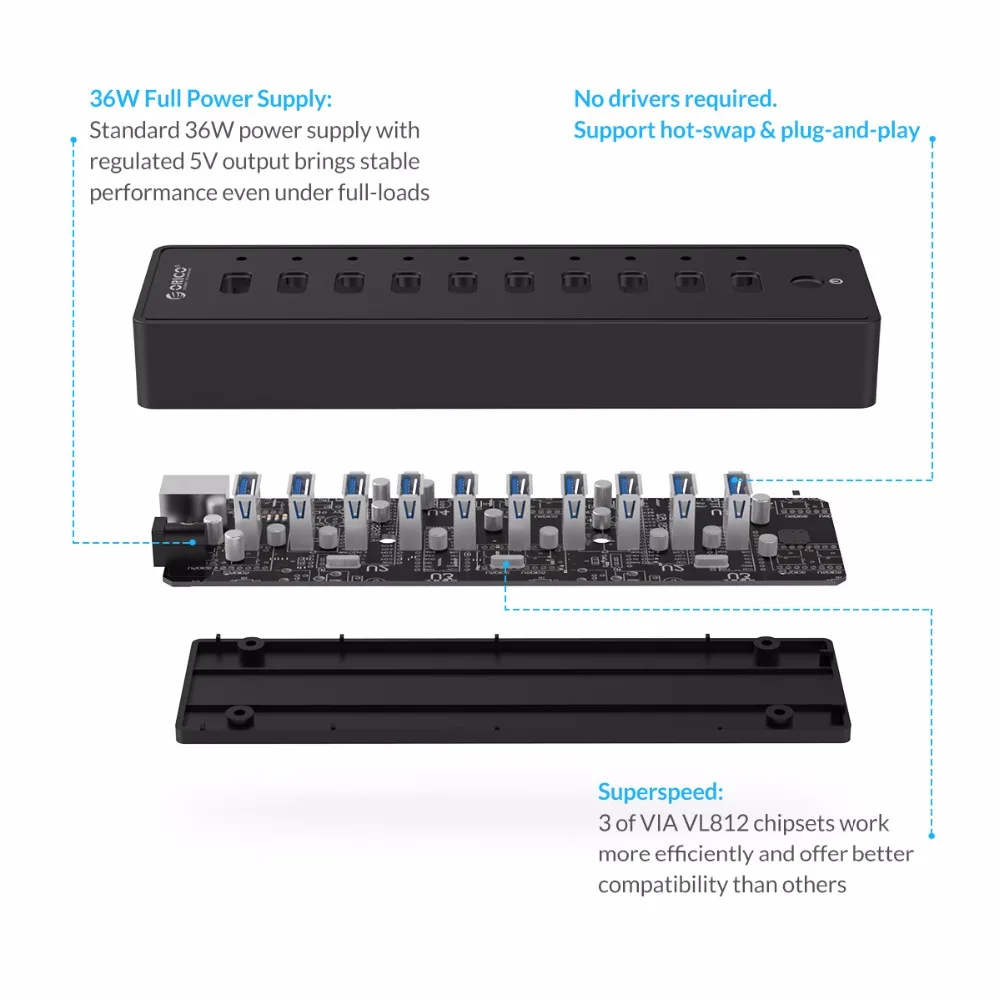 ORICO P10-U3 10 Port USB 3.0 HUB Desk USB Splitter With 3.3Ft / 1M USB3.0 Cable VL812 Chipsets 12V 