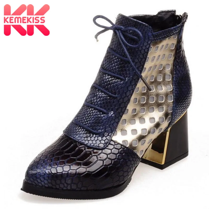 

KemeKiss Fashion Women High Heel Boots Women Lace Up Mixed Color Hollow Out Ankle Boots Party Office Ladies Footwear Size 32-43