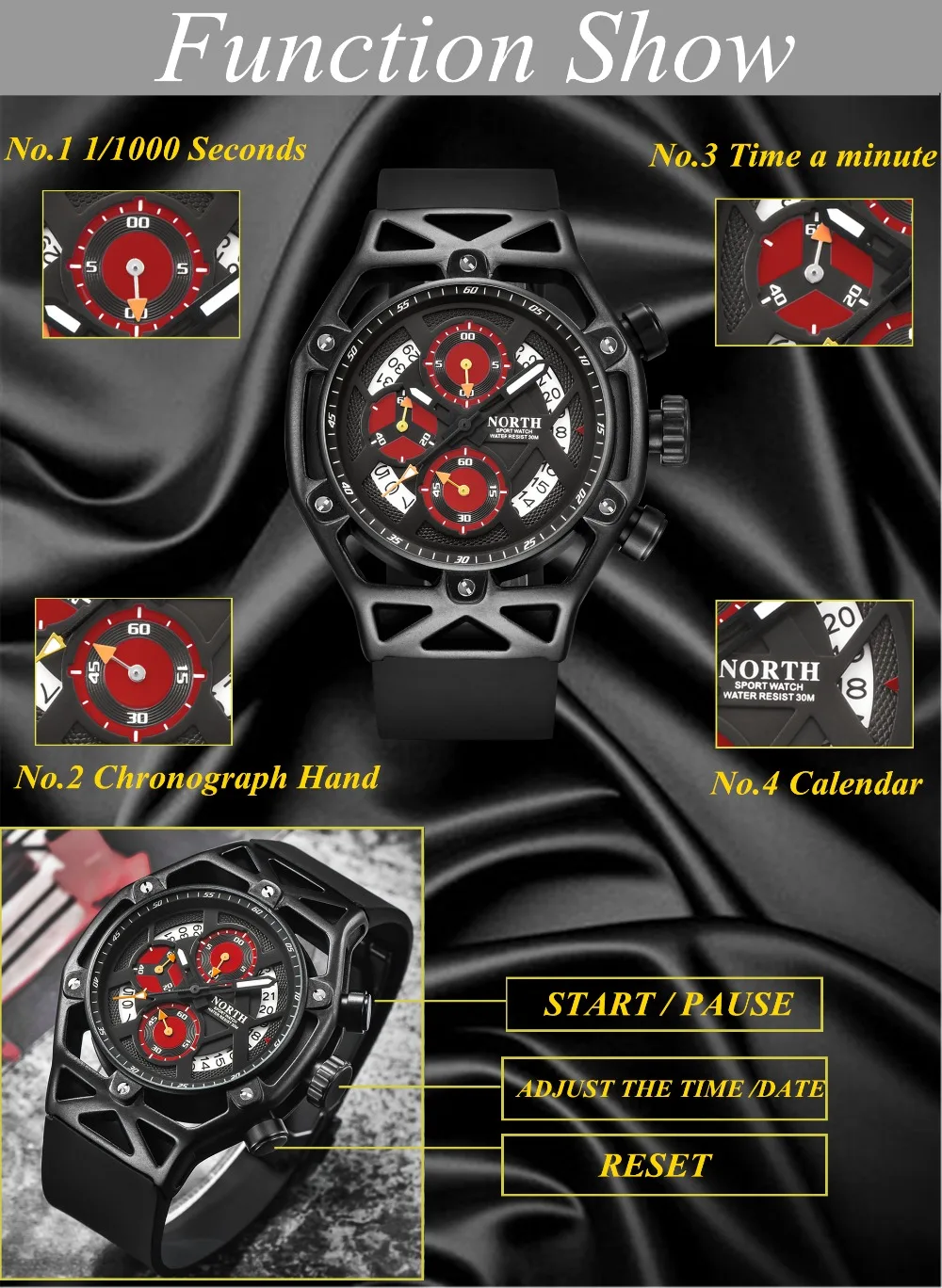 Quartz Mens Watches Waterproof Black Rubber Sport Watch
